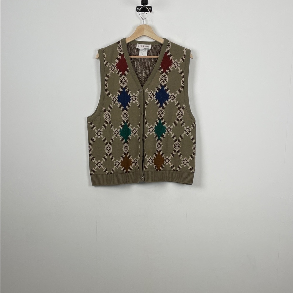 Vintage S G Sport Geometric Knit Argyle Preppy Old Money Women's XL Sweater Vest